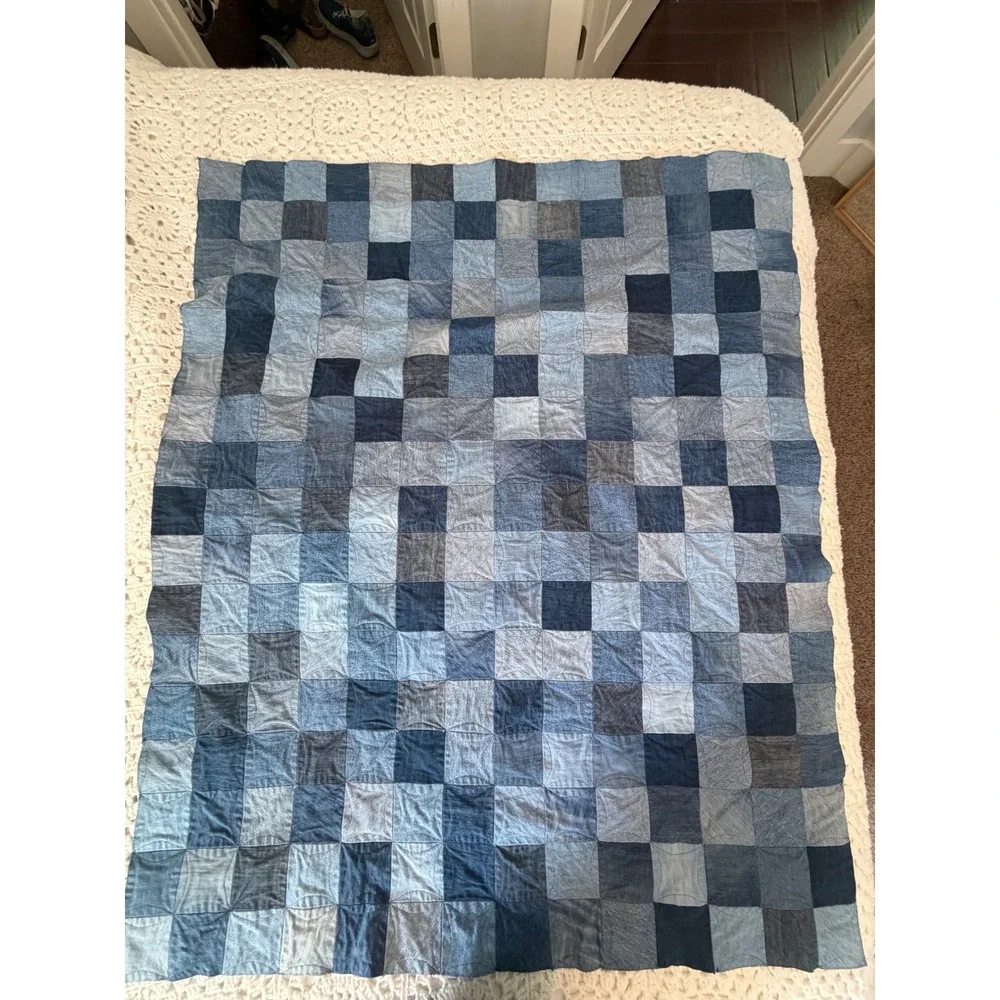Handmade Denim Cathedral Window Rag Quilt Patchwork Throw Blanket 57x47